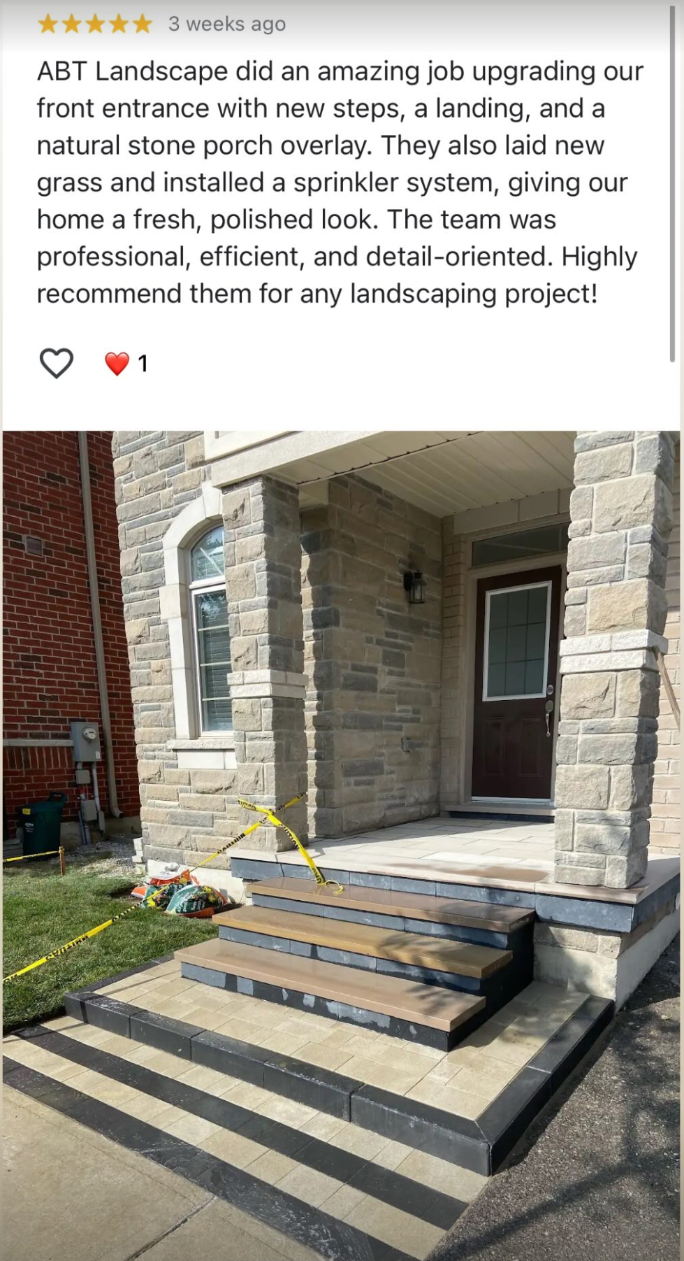 Completed stone front entrance and five-star customer review