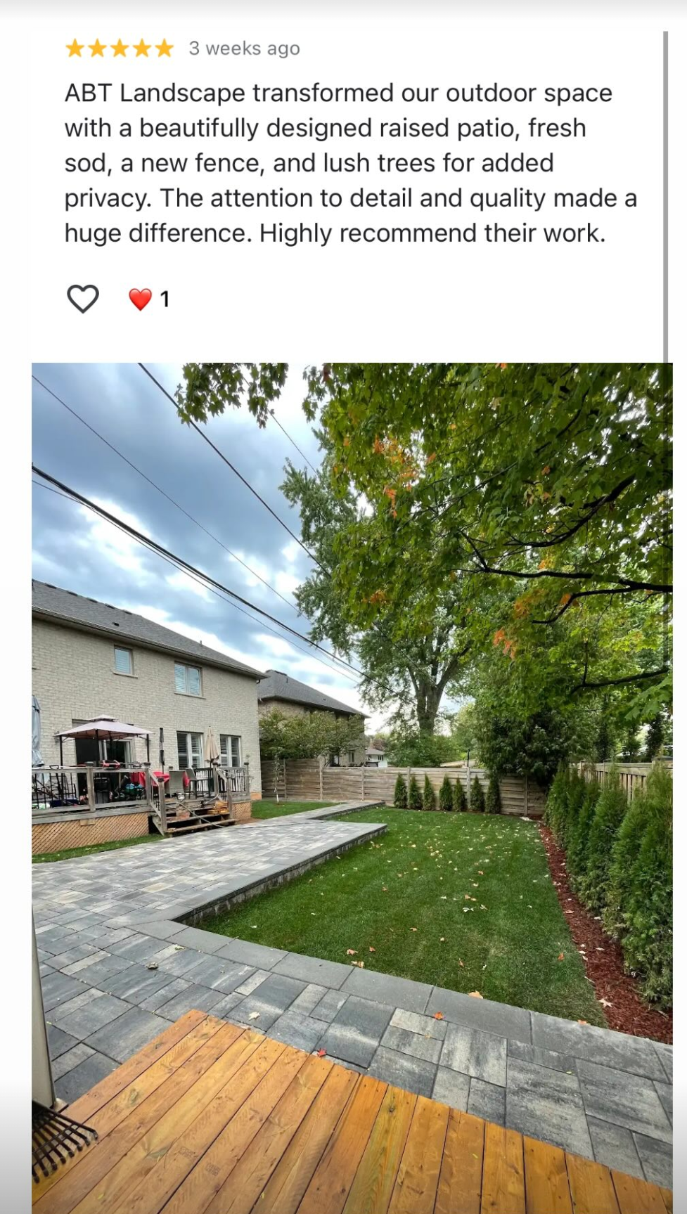 Completed raised patio and five-star customer review