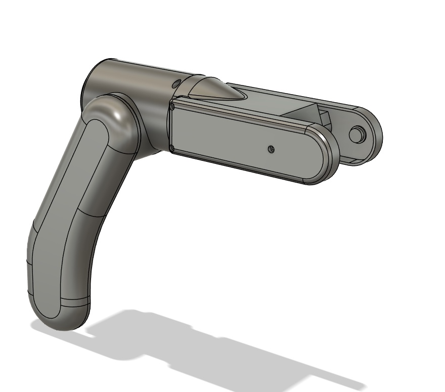 The capstone team's robotic-arm CAD model, showing the curved arm, joint housing, and linkage