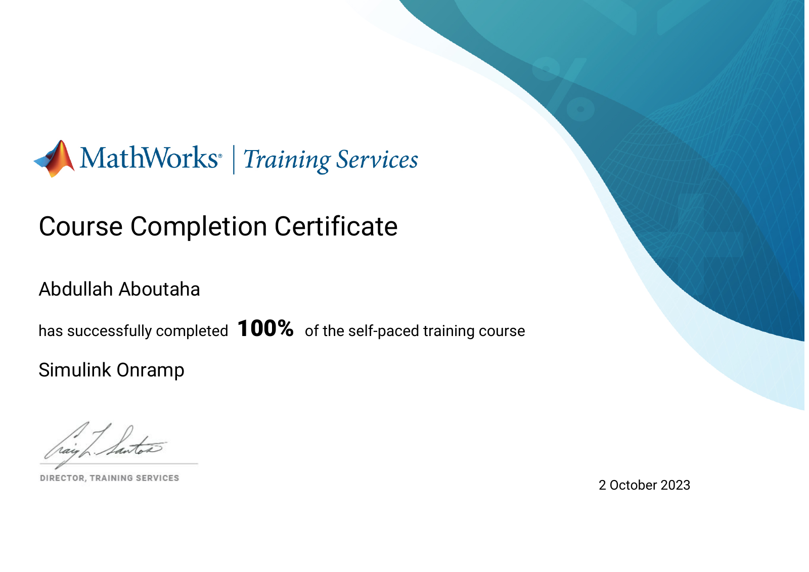 MathWorks Simulink Onramp course completion certificate for Abdullah Aboutaha, dated October 2, 2023